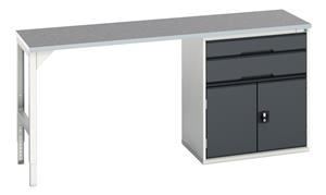verso pedestal bench with 2 drawers/cbd 800W cab & lino top. WxDxH: 2000x600x930mm. RAL 7035/5010 or selected Verso Pedastal Benches with Drawer / Cupboard Unit